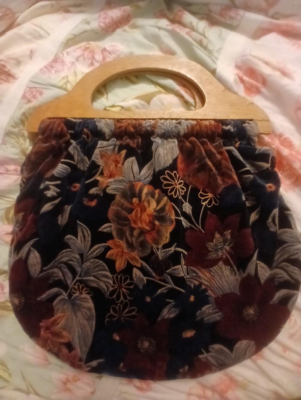 Vintage Floral Velvet Handbag with Wooden Handles BoHo